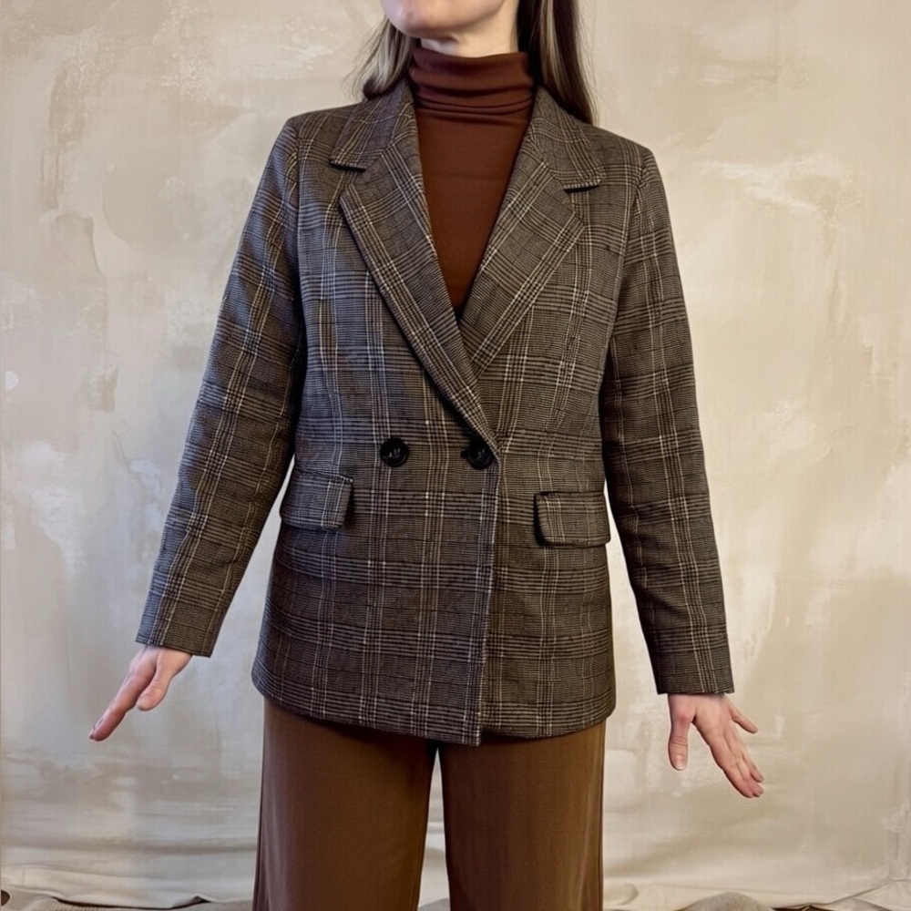 Brown Plaid Houndstooth Blazer Oversized for size S Double Breasted Women’s